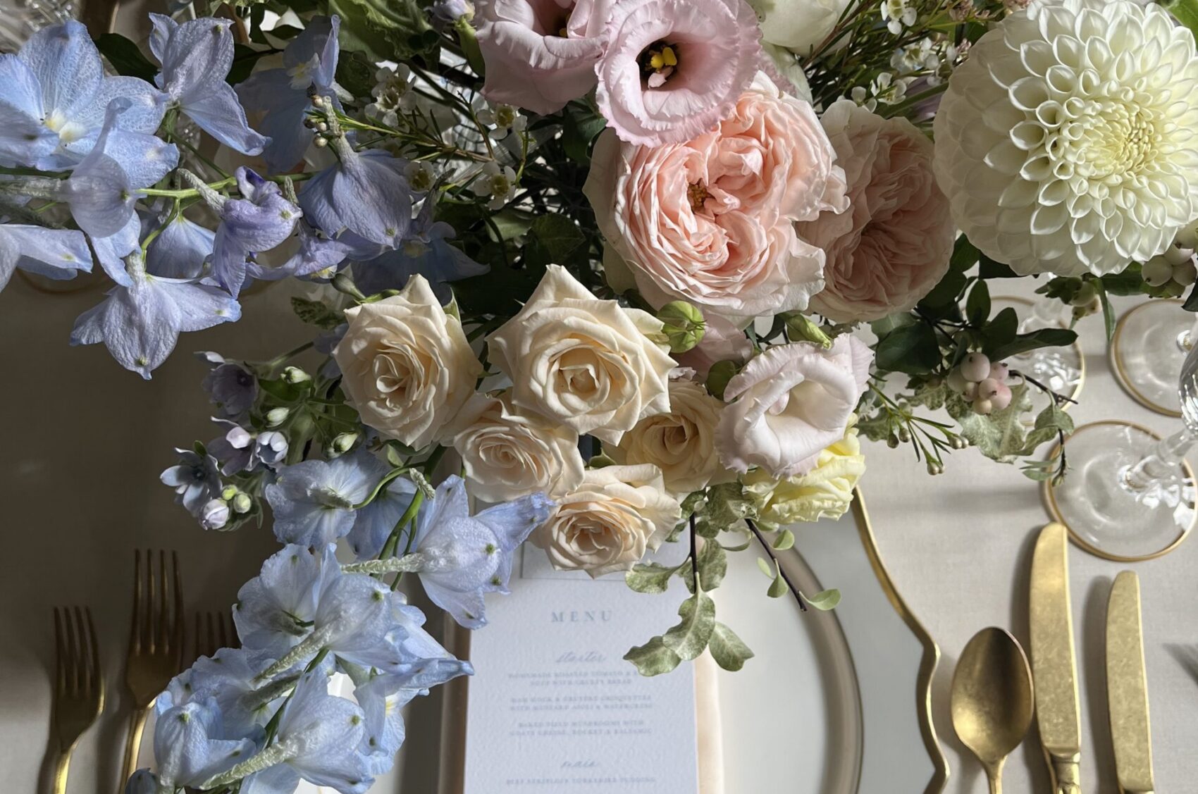 Cottage garden flowers, wedding tablescape with gold accents