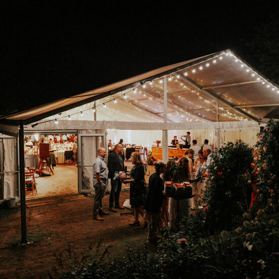 Wedding marquee in the evening with lights